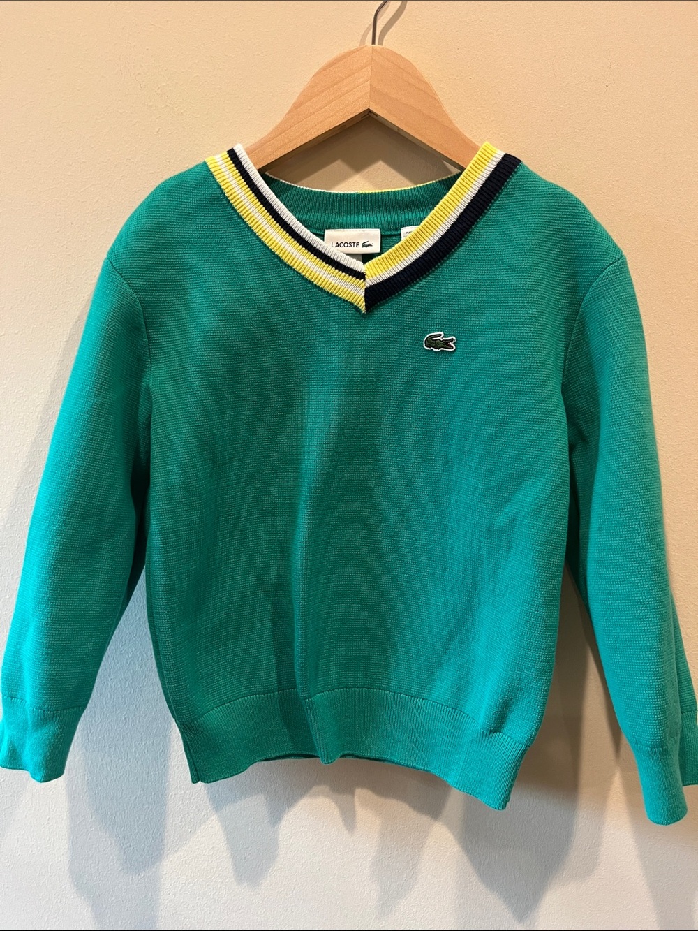 Lacoste Kids Teal Green V-Neck Sweater with Contrast Trim